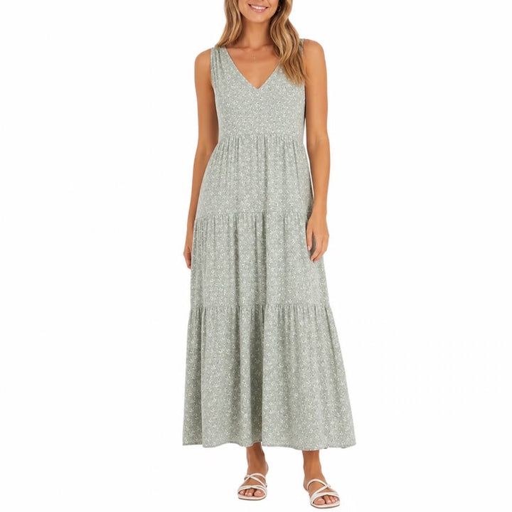 See You Monday Sage Green Floral Ribbed V-Neck Tiered Maxi Dress Womens Large
