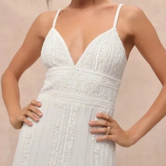 Lulus Stunning Vow White Beaded Sequin Maxi Dress Size L
