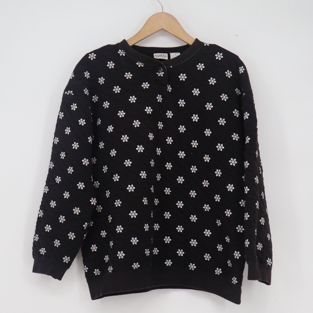 Picone Sport Vintage Quilted Snowflake Sweatshirt Black Floral Pullover Small