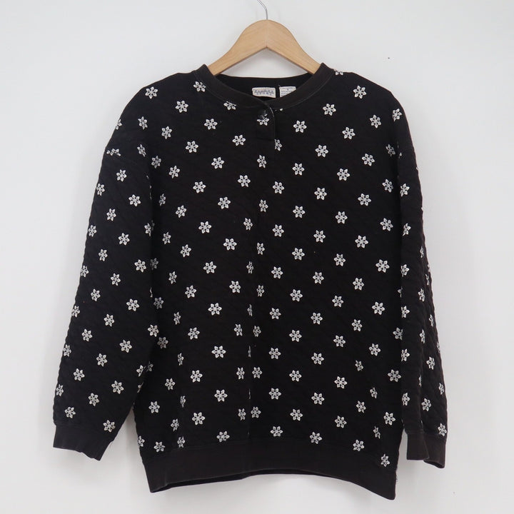 Picone Sport Vintage Quilted Snowflake Sweatshirt Black Floral Pullover Small