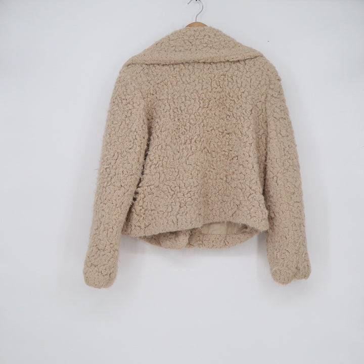 Zara Basic Tan Beige Teddy Sherpa Faux Fur Cropped Jacket Large Notched Lapel