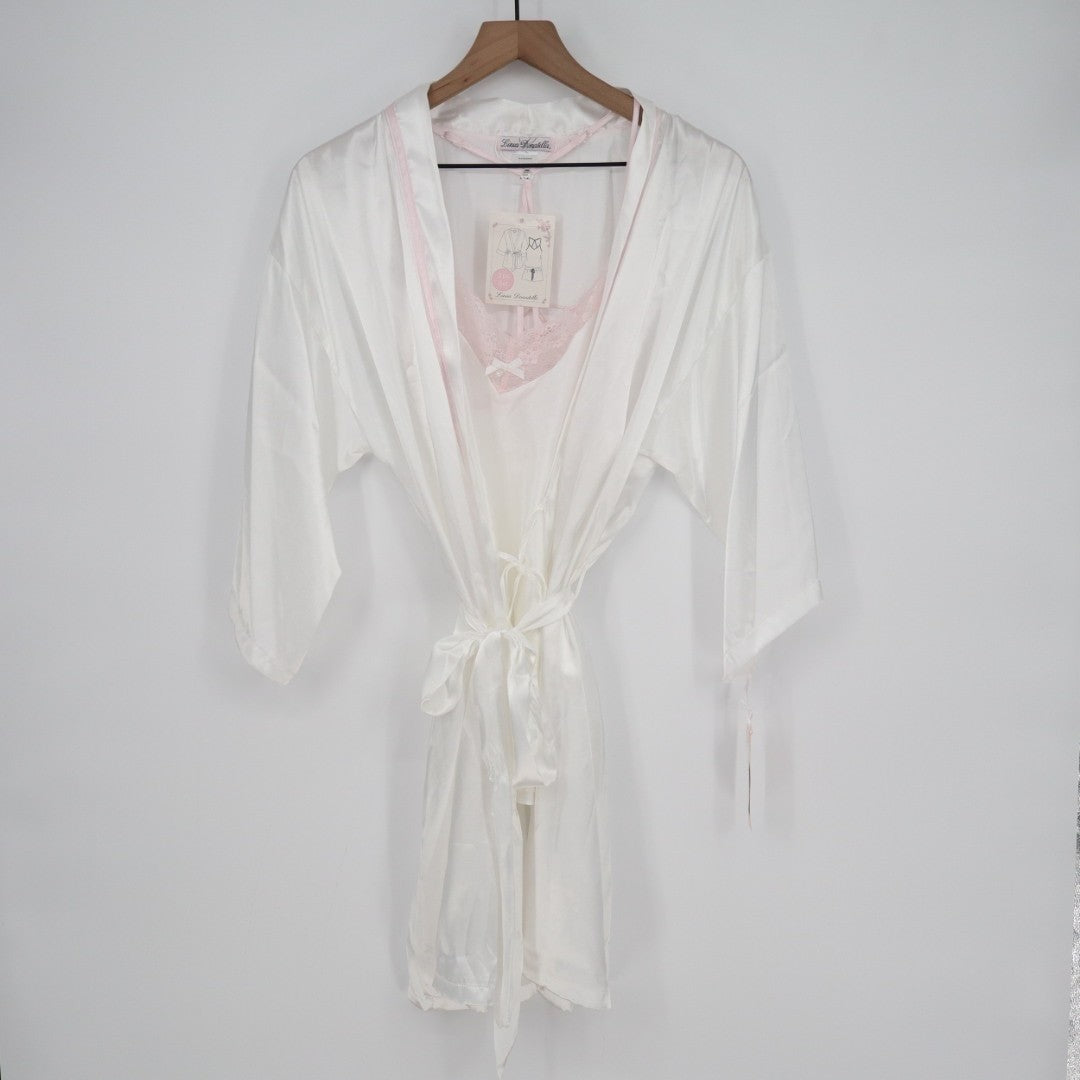 Linea Donatella Bride Satin Wrap Robe Set Women M Beige Pink Tie Waist Sleepwear
