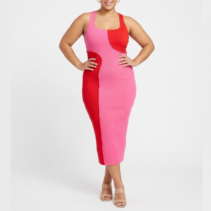 Naked Wardrobe Pink Red Colorblock Ribbed Midi Bodycon Dress Large