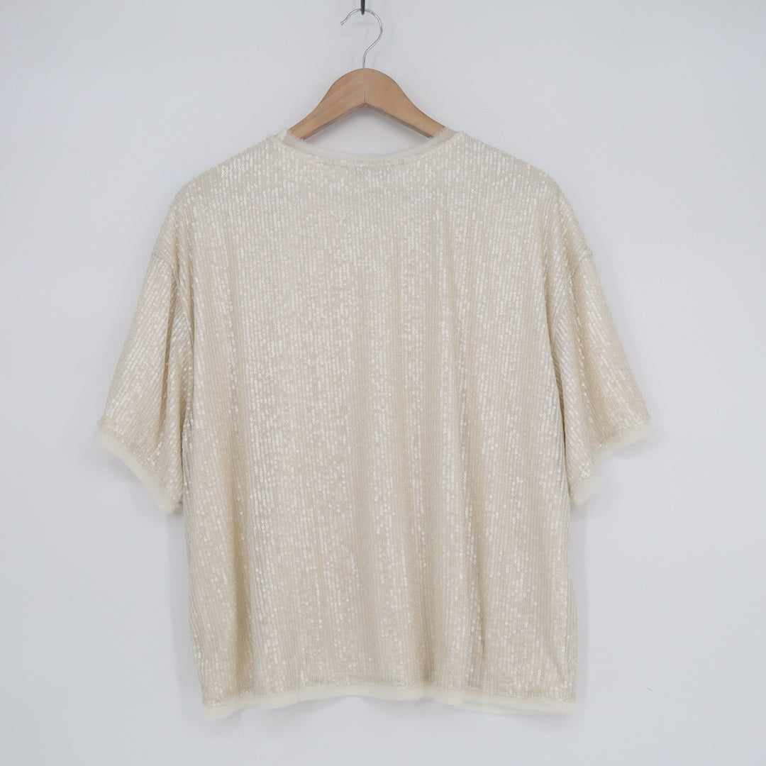 Evereve T Shirt Top Womens Large Beige Sequin Short Sleeve Crew Neck Pullover