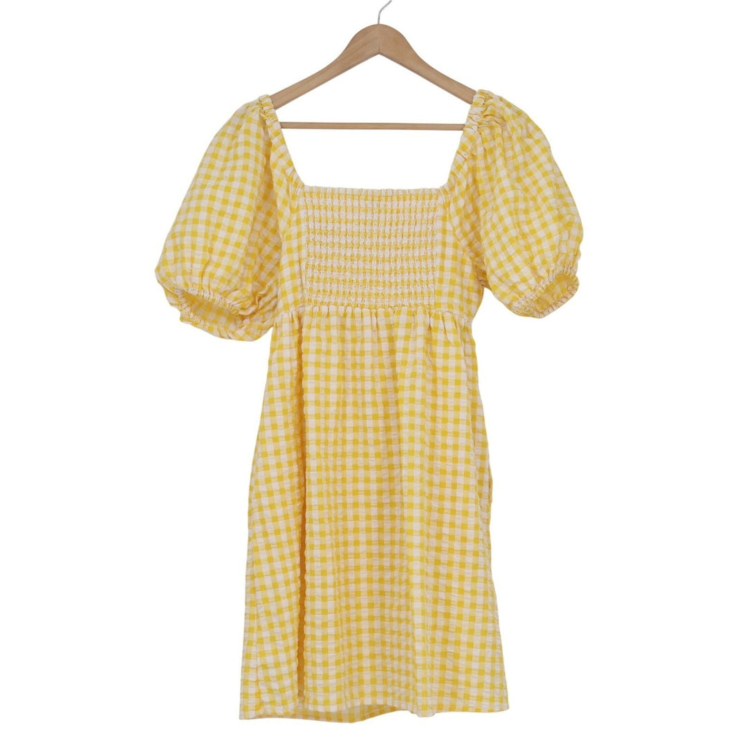 Old Navy Yellow Gingham Puff Sleeve Smocked Mini Dress Medium