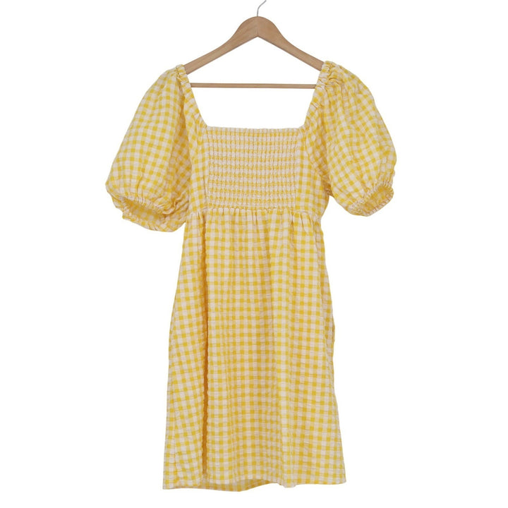 Old Navy Yellow Gingham Puff Sleeve Smocked Mini Dress Medium