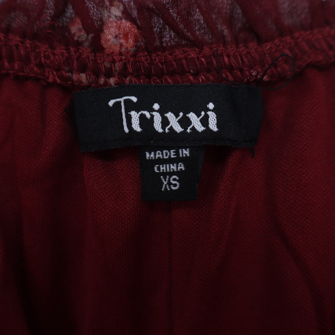 Trixxi Burgundy Floral Maxi Dress XS Smocked Waist Tiered Ruffle