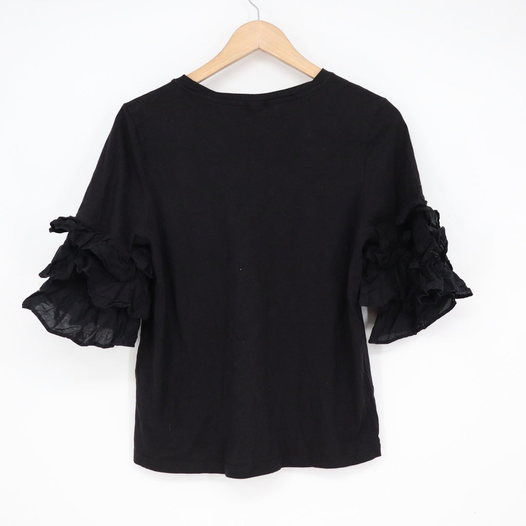 HM Black Tiered Ruffle Short Sleeve Cotton Top Crew Neck Size S