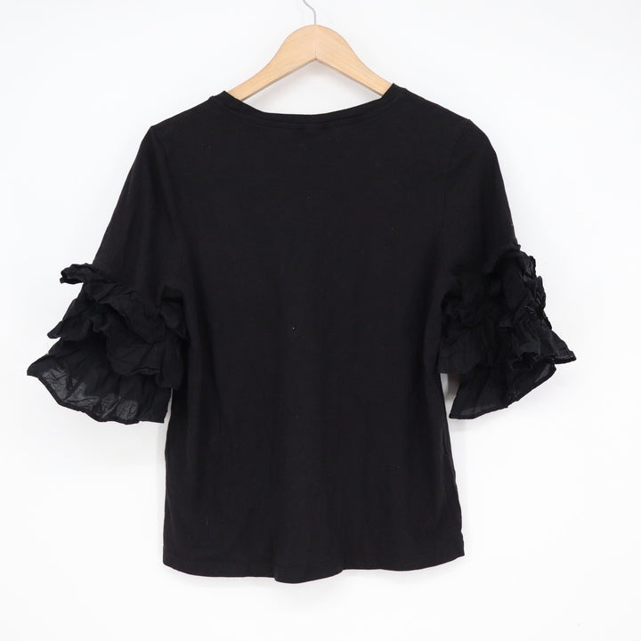 HM Black Tiered Ruffle Short Sleeve Cotton Top Crew Neck Size S