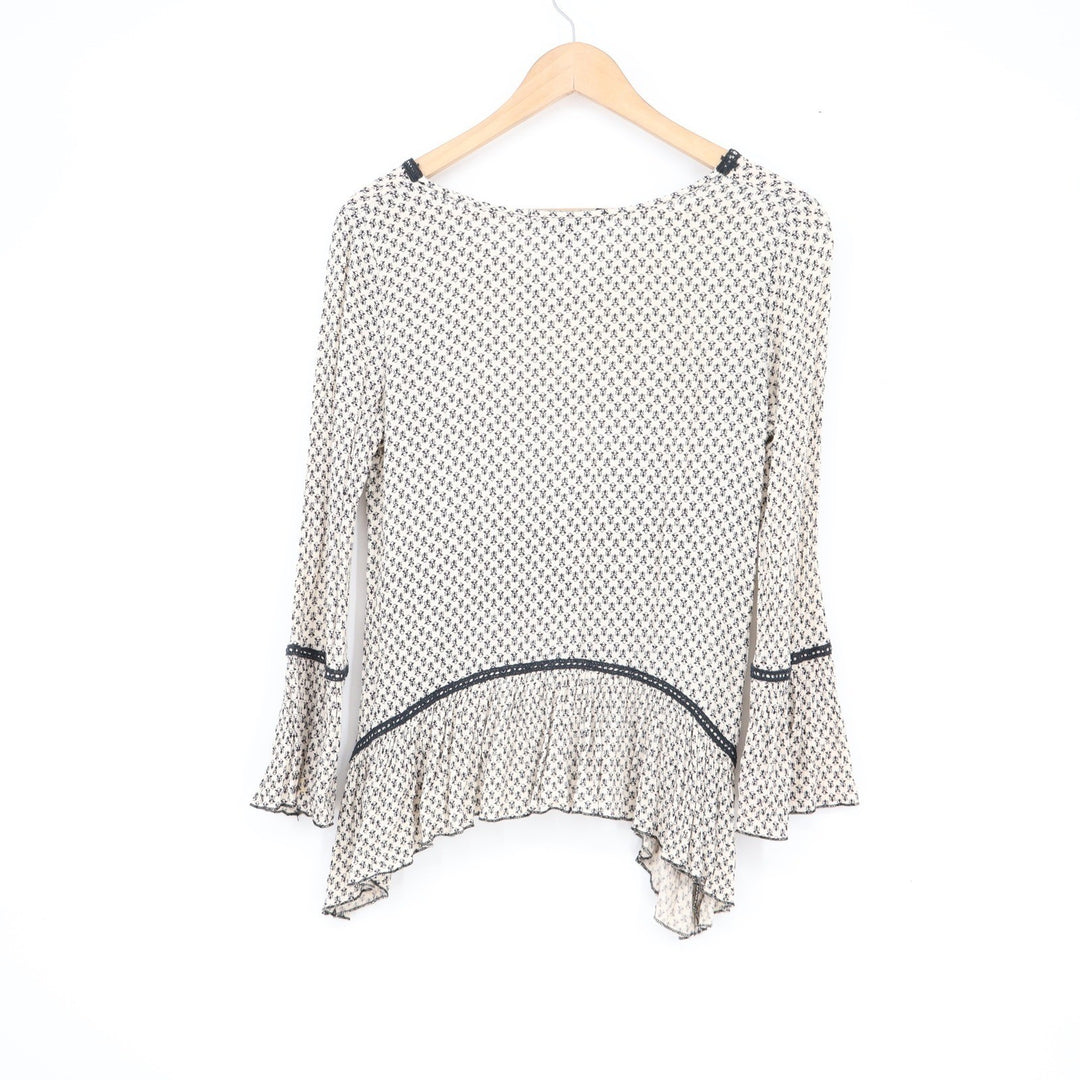 Living Doll Womens XS Cream Black Geometric Bell Sleeve Boho Peplum Blouse Top