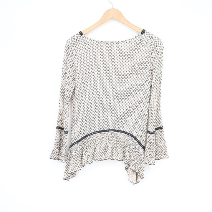 Living Doll Womens XS Cream Black Geometric Bell Sleeve Boho Peplum Blouse Top