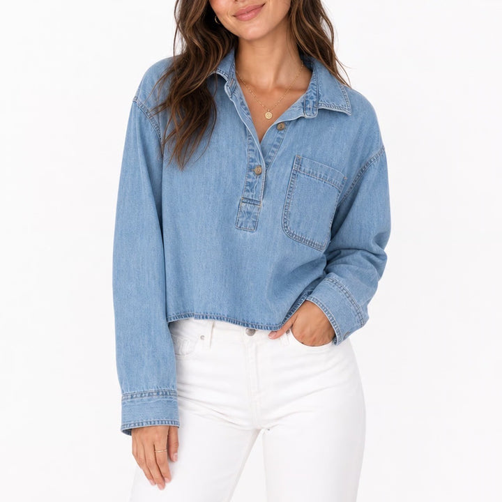 Old Navy Jean Popover Shirt Womens M Blue Denim Cotton Spread Collar Pullover