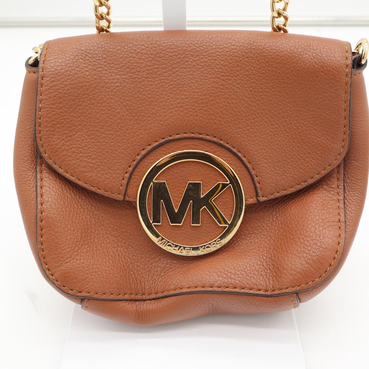 Michael Kors Fulton Small Luggage Brown Pebbled Leather Crossbody Bag Gold Logo