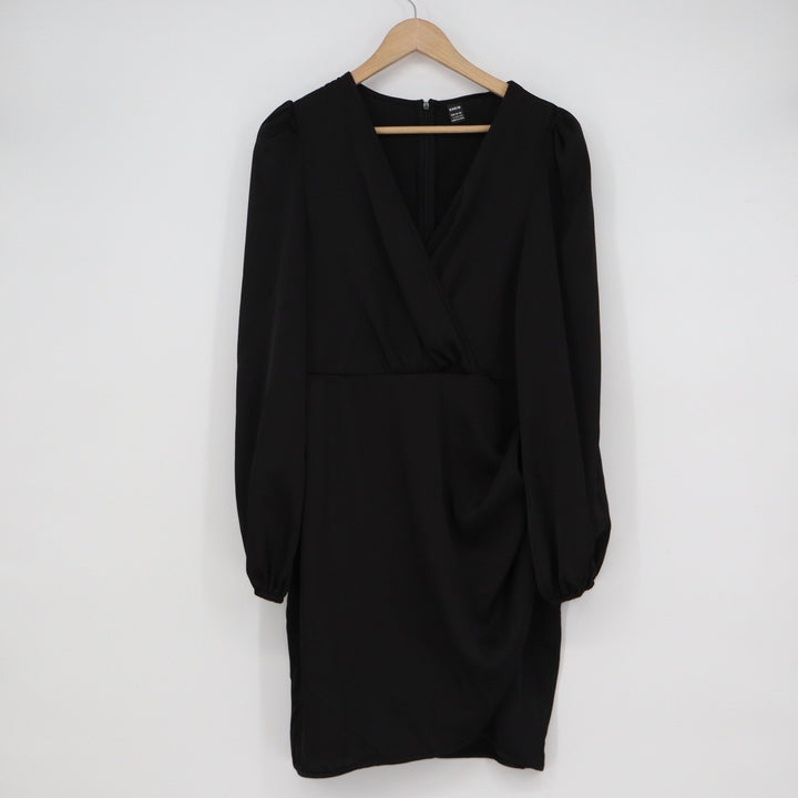SHEIN Black Surplice V-Neck Long Puff Sleeve Mini Dress Size L