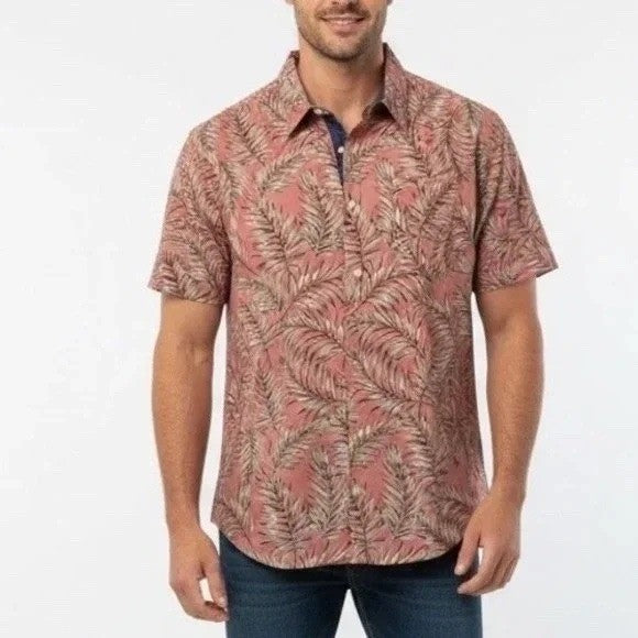 Jachs NY Mens Red Tropical Leaf Print Short Sleeve Button Up Shirt Size 2XL