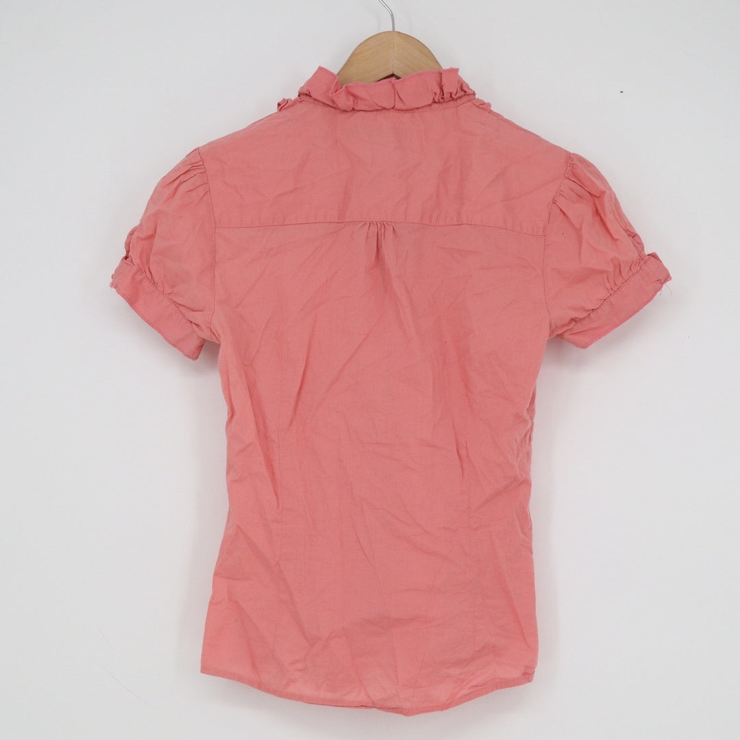 Rampage Women's Coral Pink Ruffle Neck Short Sleeve Cotton Blouse Size S
