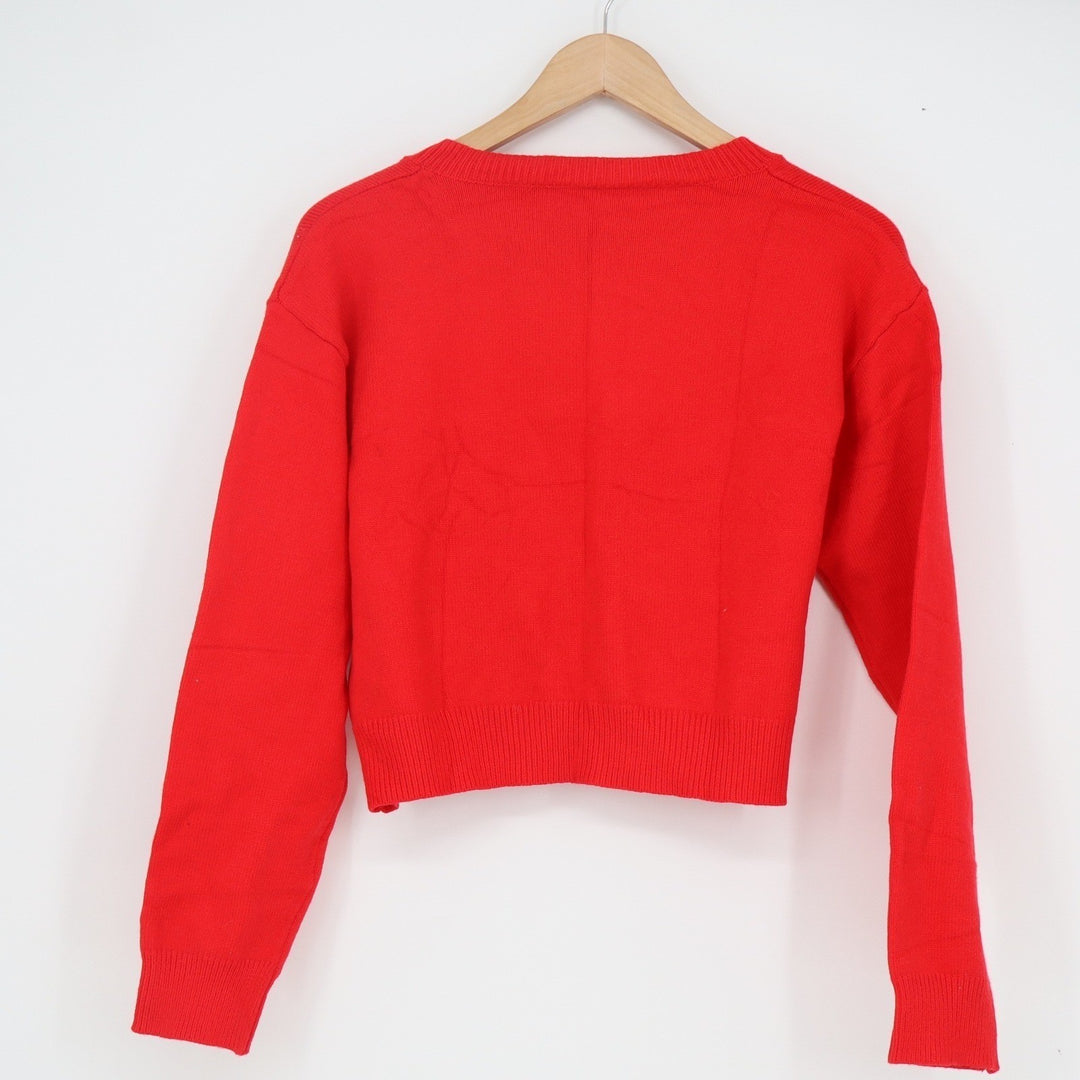 Red Cropped Button Front Cardigan Sweater Womens Size M Crew Neck Long Sleeve