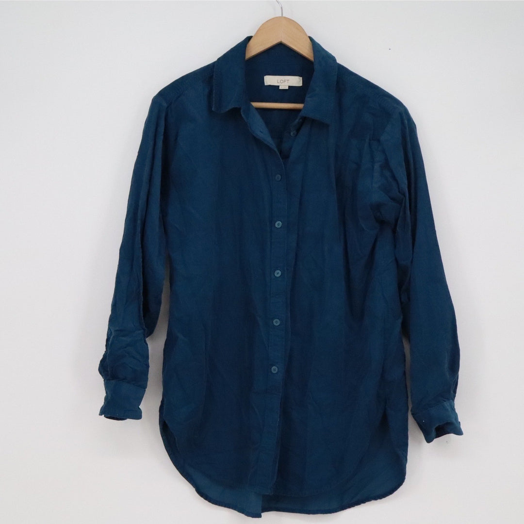 LOFT Women's Medium Teal Blue Corduroy Button Down Shirt Long Sleeve Cotton