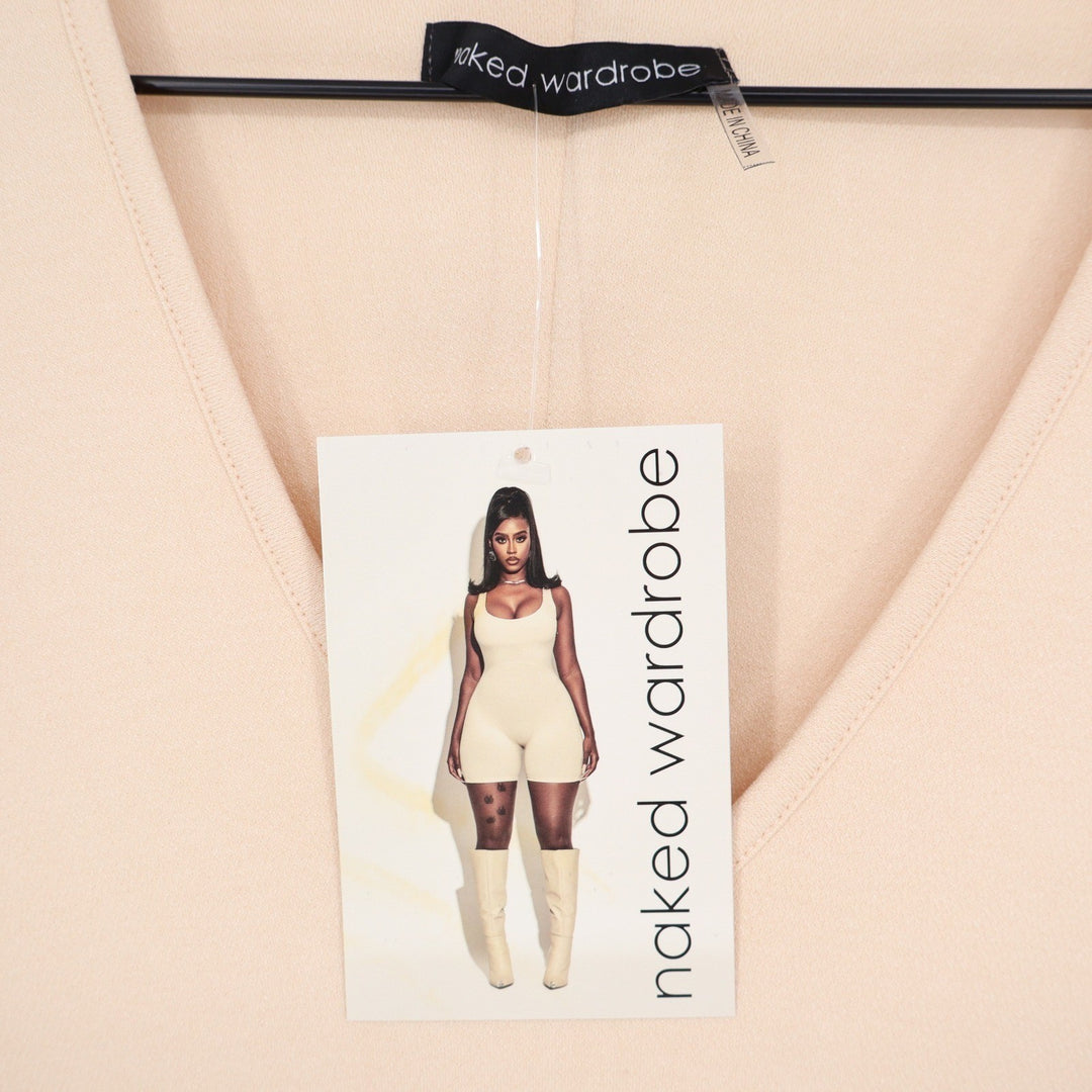 Naked Wardrobe Long Sleeve V-Neck Jumpsuit Peach Beige Size L NEW