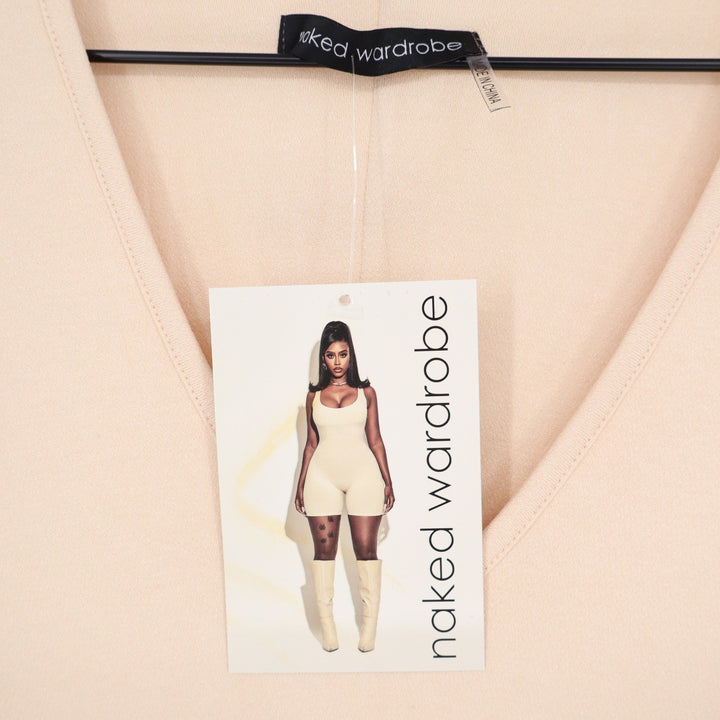 Naked Wardrobe Long Sleeve V-Neck Jumpsuit Peach Beige Size L NEW