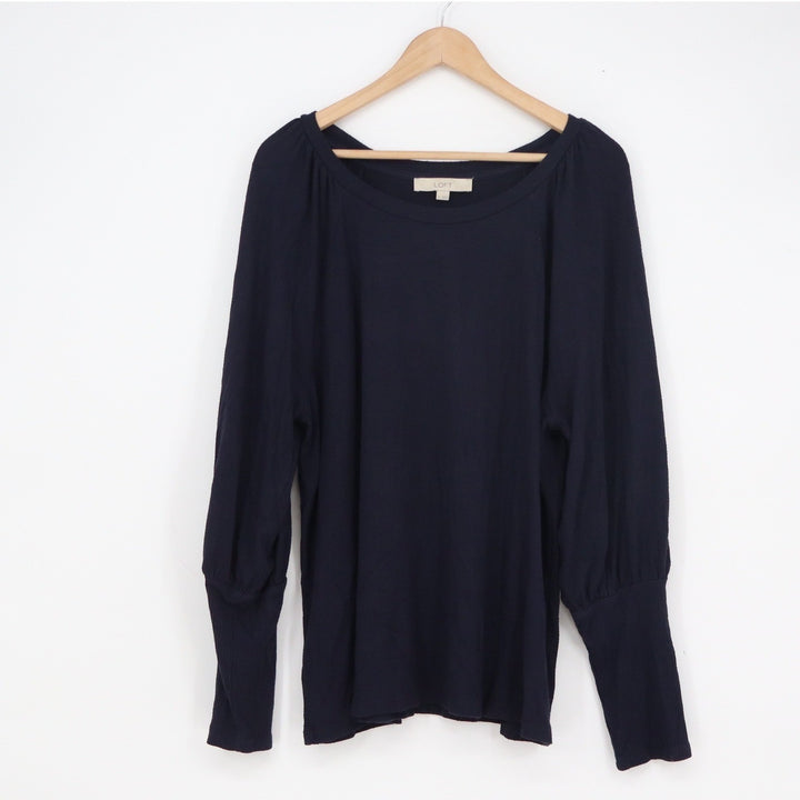 LOFT Womens XL Navy Blue Bishop Sleeve Ribbed Cuff Boat Neck Knit Blouse Top