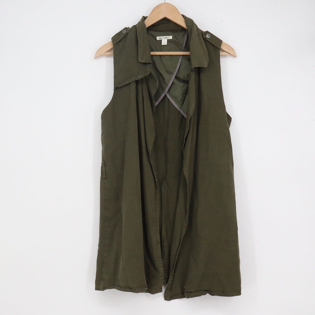 Mi Ami Womens Olive Green Tencel Utility Vest Longline Open Front Size S