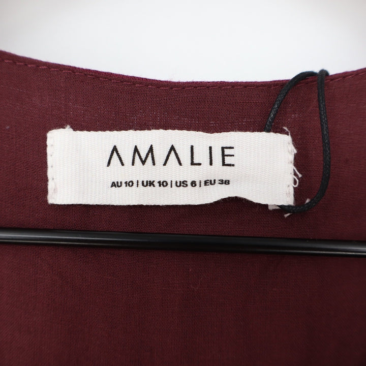 Amalie The Label Franc Midi Dress Dark Plum Linen Puff Sleeve Wrap US 6