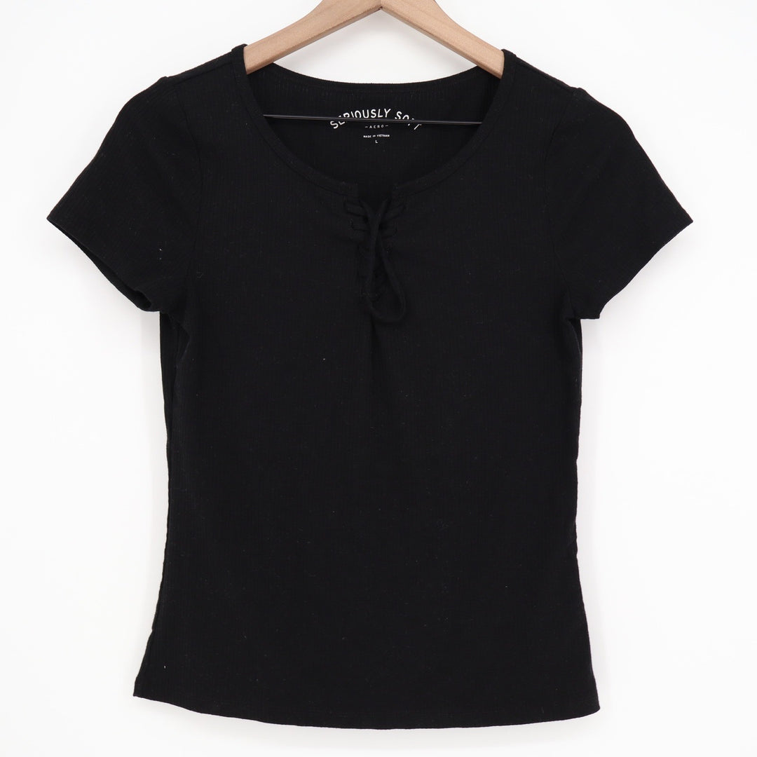 Aeropostale Seriously Soft Black Ribbed Lace Up Short Sleeve Top Large