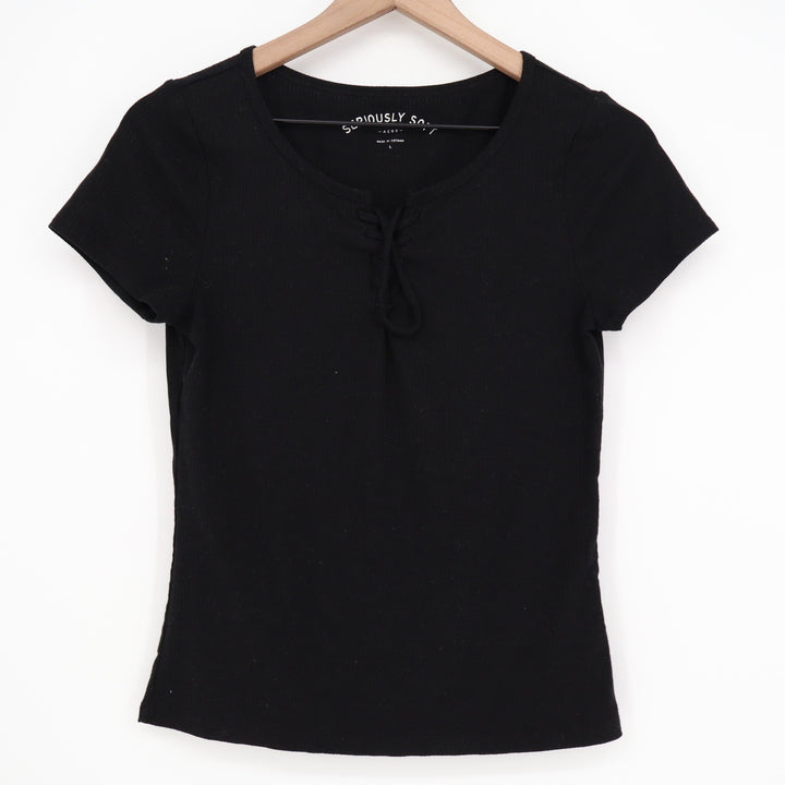 Aeropostale Seriously Soft Black Ribbed Lace Up Short Sleeve Top Large