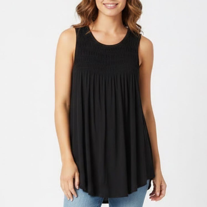 Tank Top Womens Large Black Stretch Pleated Smocked Wide Strap Round Neck