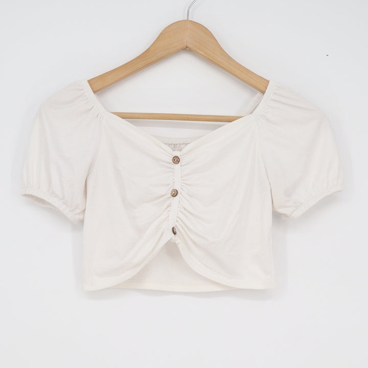 Quarry White Puff Sleeve Crop Top Sweetheart Ruched Button Front