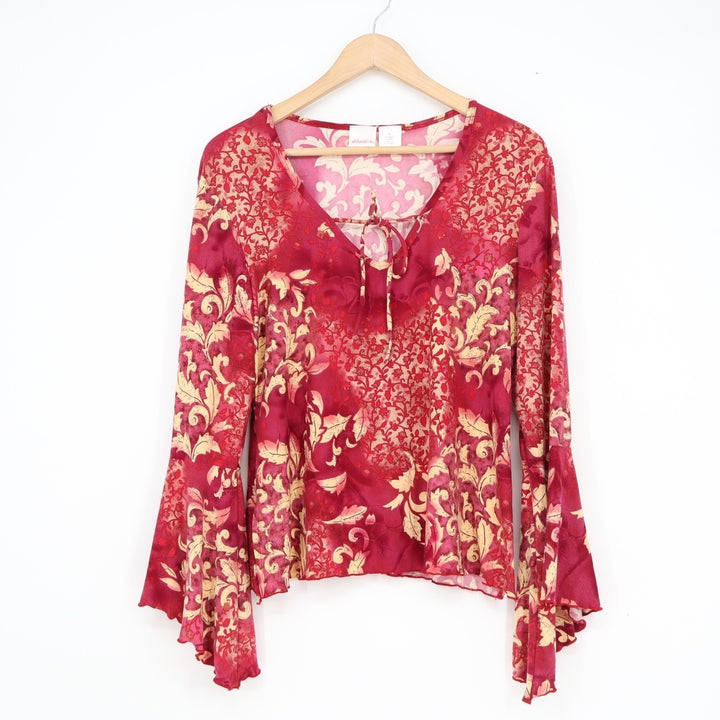 Xhilaration Red Gold Baroque Bell Sleeve V-Neck Tie Top XL Y2K Boho Blouse