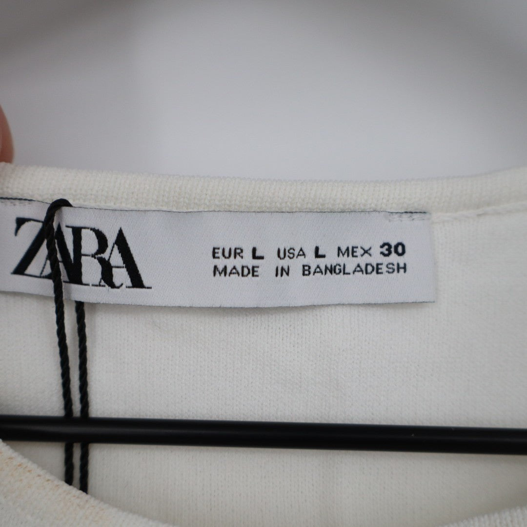 Zara Crop Tank Top Womens Large Off White Knit Wide Strap Scoop Neck Pullover