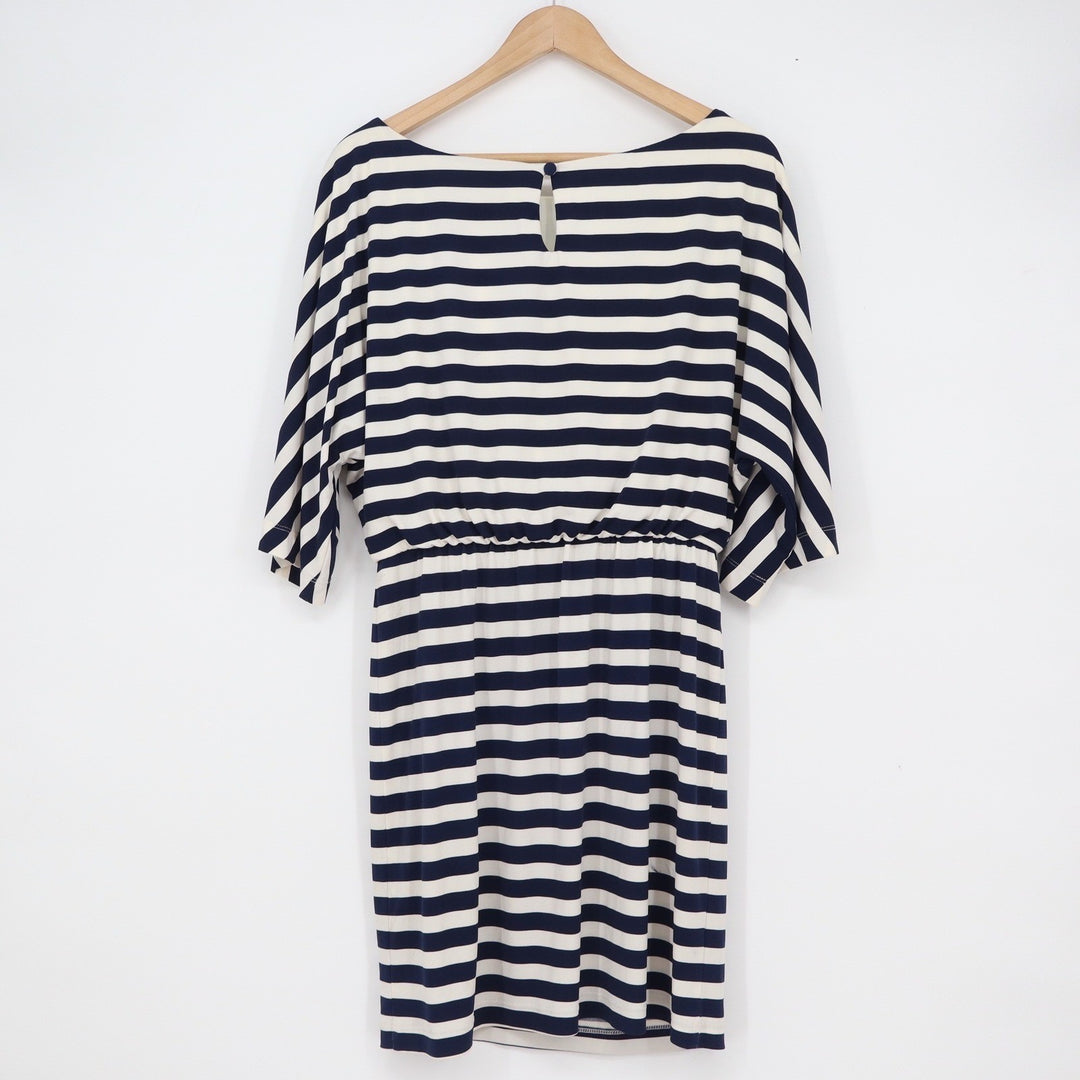 Jessica Howard Navy Blue White Striped Boat Neck Elastic Waist Dress Size 10