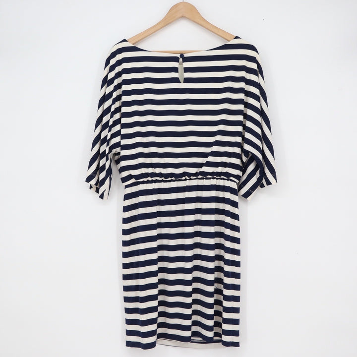 Jessica Howard Navy Blue White Striped Boat Neck Elastic Waist Dress Size 10
