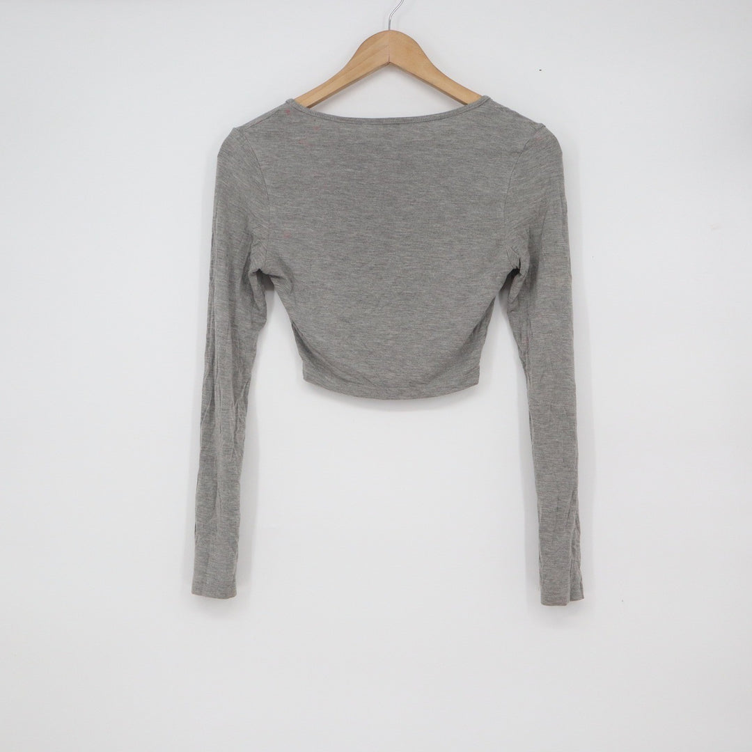 SHEIN Womens Heather Grey Scoop Neck Long Sleeve Crop Top XS