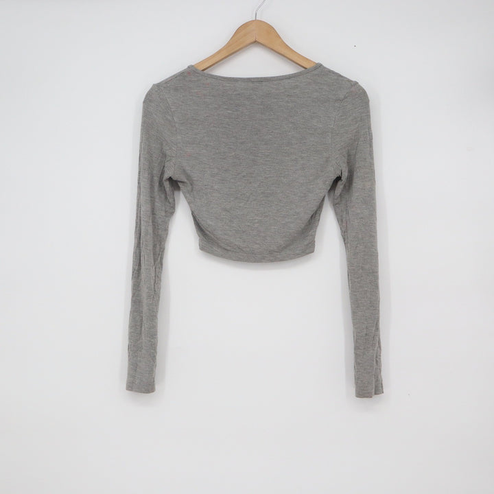 SHEIN Womens Heather Grey Scoop Neck Long Sleeve Crop Top XS