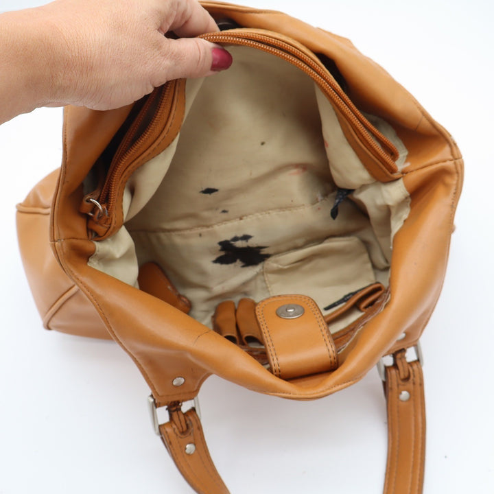 Nine West Shoulder Bag Womens Medium Tan Faux Leather Multi Pocket Satchel Good