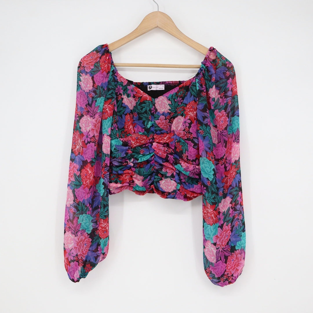 SO Floral Long Sleeve Ruched Crop Top Multicolor Smocked Back Metallic Small