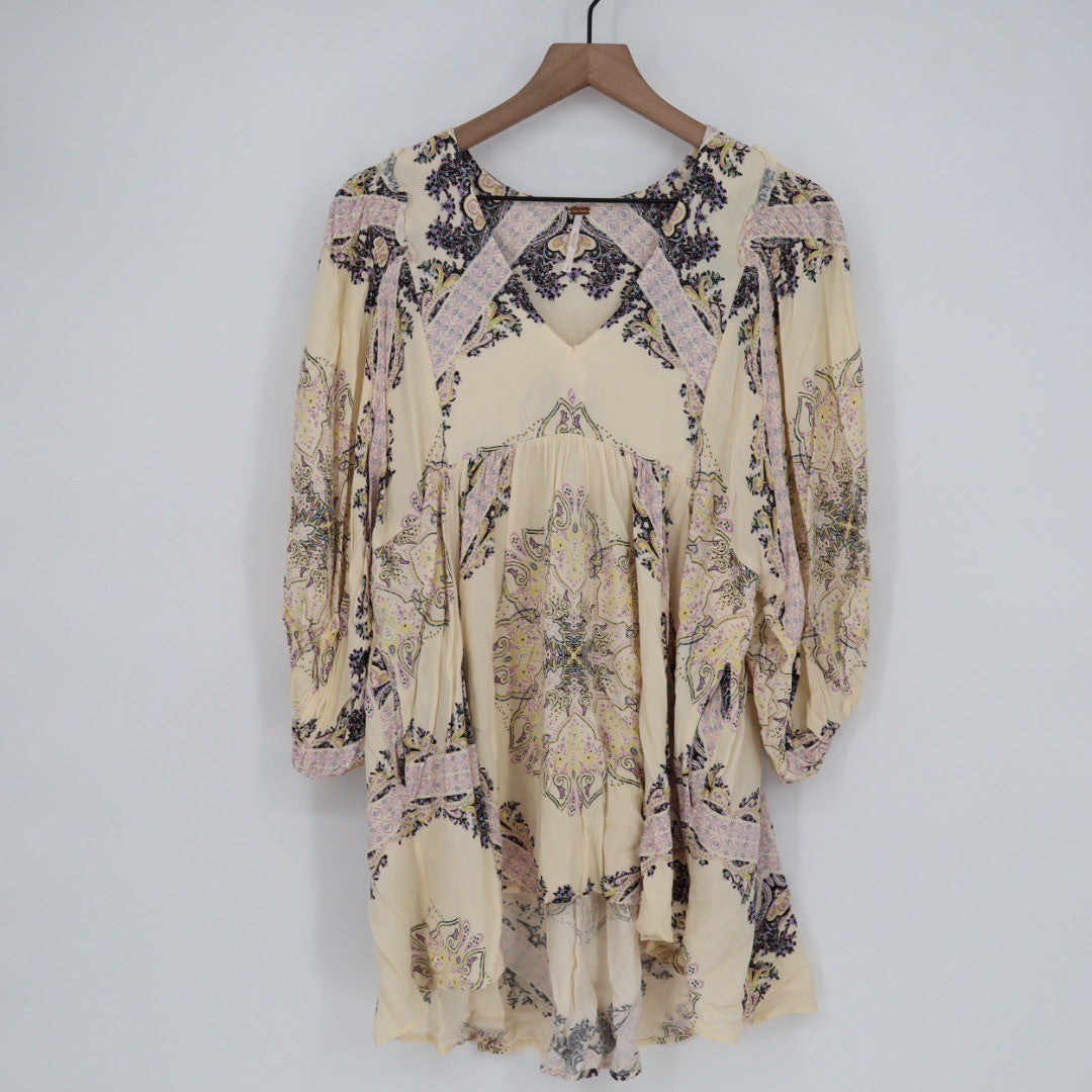 Free People Paisley Print V Neck Tunic Dress Cream Purple Yellow Size S