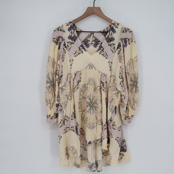 Free People Paisley Print V Neck Tunic Dress Cream Purple Yellow Size S