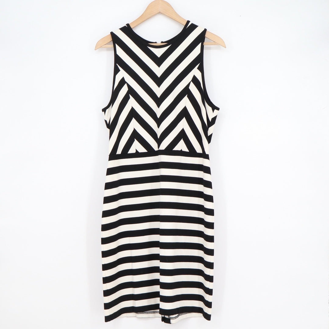 LOFT Black White Striped Chevron Sleeveless Sheath Dress Size 12 Zip Back