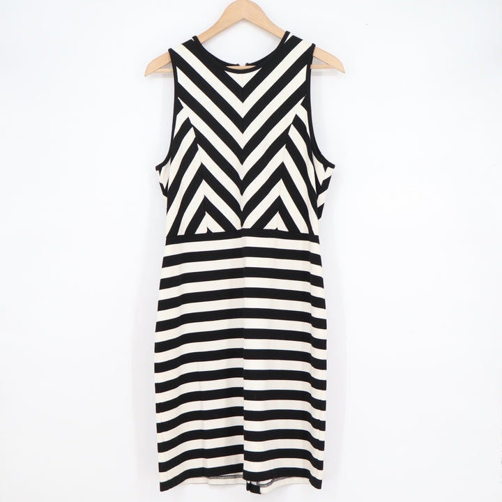 LOFT Black White Striped Chevron Sleeveless Sheath Dress Size 12 Zip Back