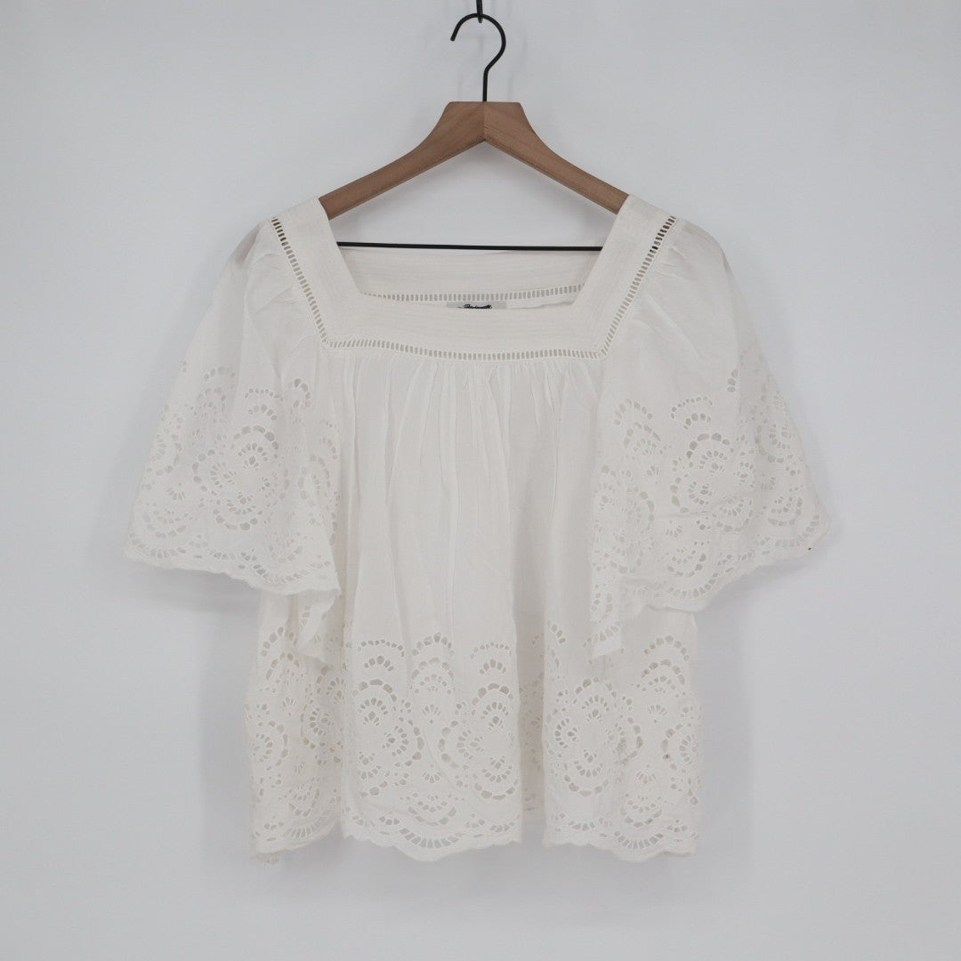Madewell T-Shirt Womens XL White Flutter Sleeve Squareneck Scalloped Lace Trim