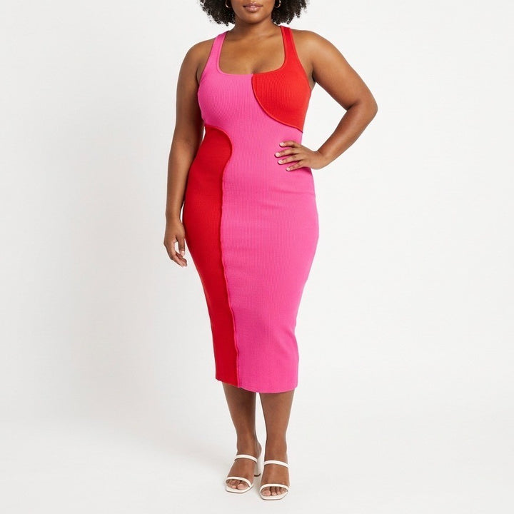 Naked Wardrobe Pink Red Colorblock Ribbed Midi Bodycon Dress Large