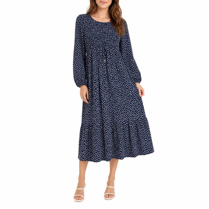 Navy Blue Floral Ditsy Smocked Midi Dress Long Sleeve Tiered Boho Medium