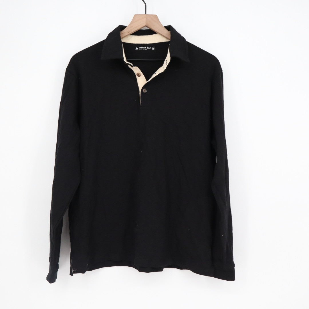 American Giant Rugby Shirts Mens Medium Black Cotton Spread Collar Outdoor Wear