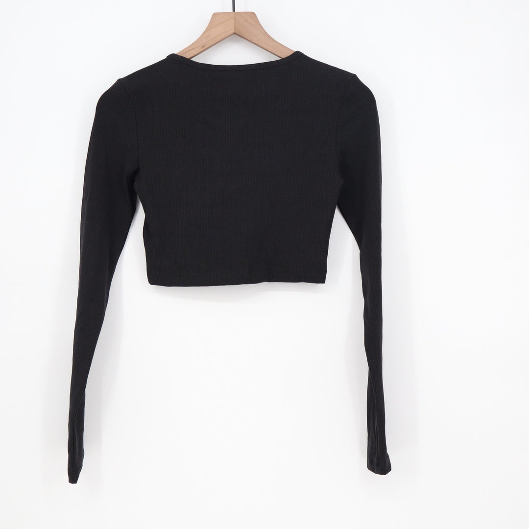 Adidas Originals Womens ESS CROP LS Black Ribbed Long Sleeve Crop Top XS