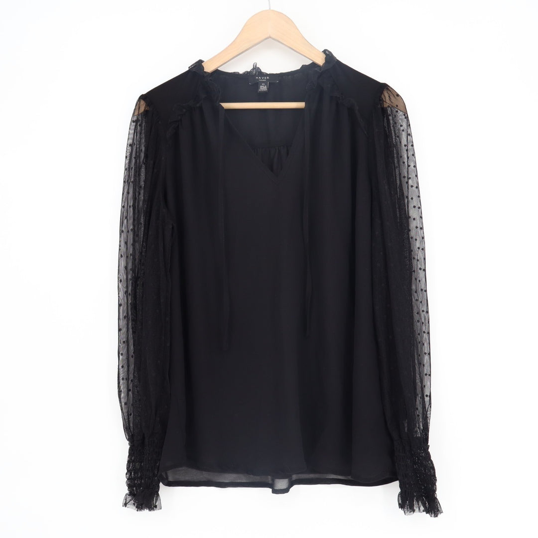 Haver London Tunic Top Womens Large Black Mesh Long Sleeve Split Neck Pullover