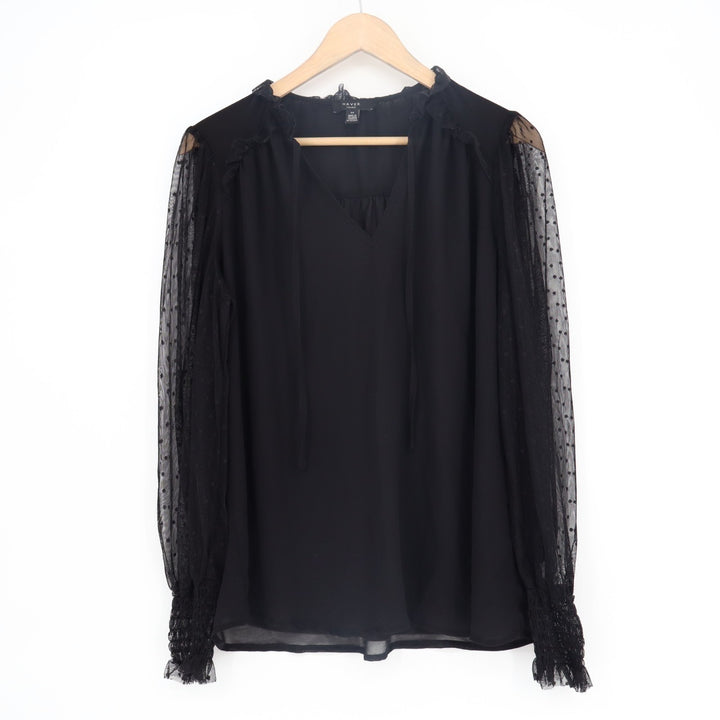 Haver London Tunic Top Womens Large Black Mesh Long Sleeve Split Neck Pullover